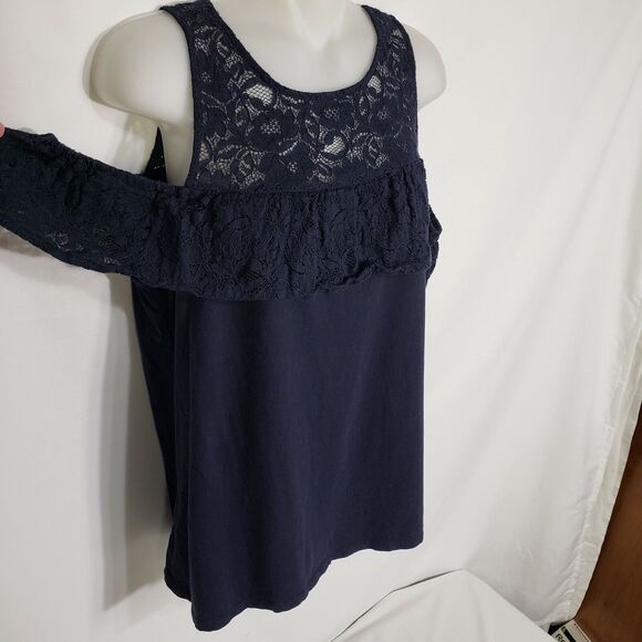 Ann Taylor LOFT Womens Top Size Medium Lace Flounce Cold Shoulder Forever Navy - Picture 5 of 9